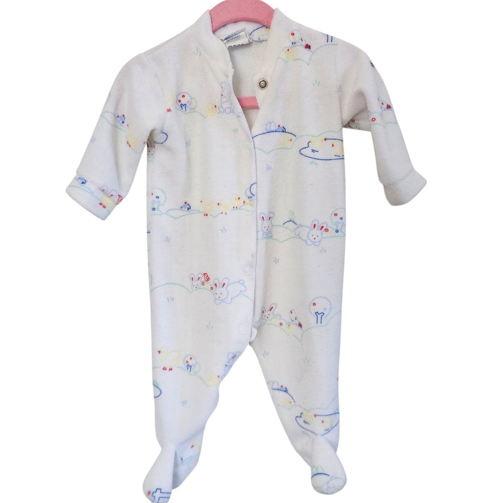 Vintage Absorba Baby Footed Sleeper White Terry Cloth Bunny Duckling USA Made M